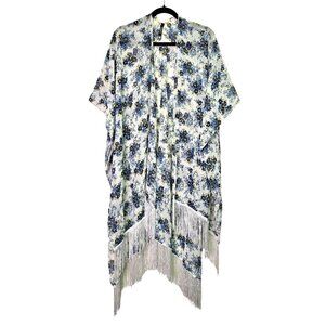 Torrid Floral Ruana Wrap Cardigan Fringe Hem Womens Sheer White Summer Spring Bo